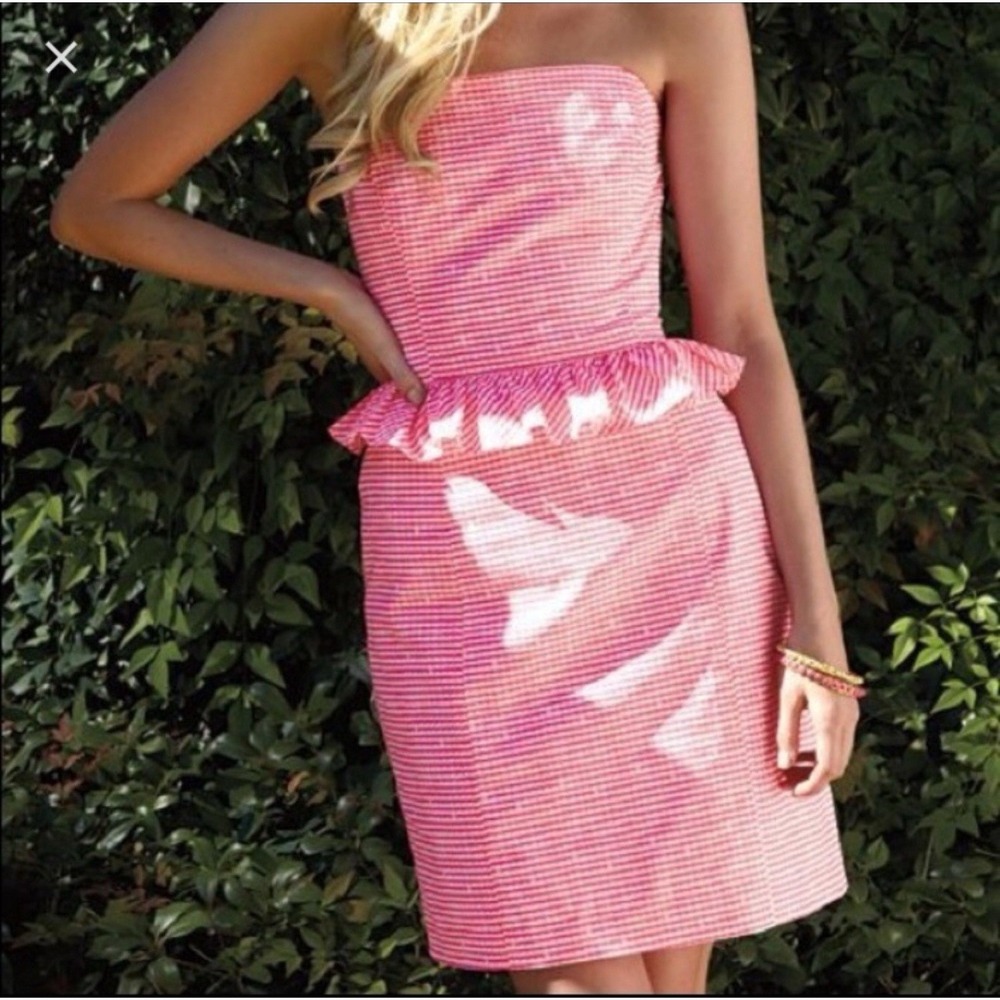 Lilly Pulitzer Lowe Fiesta Pink Pretty Gingham Strapless Peplum Dress‎ Sz 4